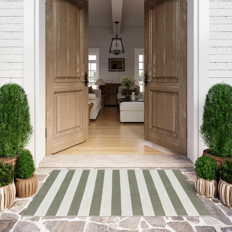 Sungea Striped Outdoor Rug 3x5, Boho Washable Front Porch Rug Cotton Hand Woven Outside Door Mats,Foldable Layered Doormat for Farmhouse/Entryway/Home Entrance(Green and White) - Image 2
