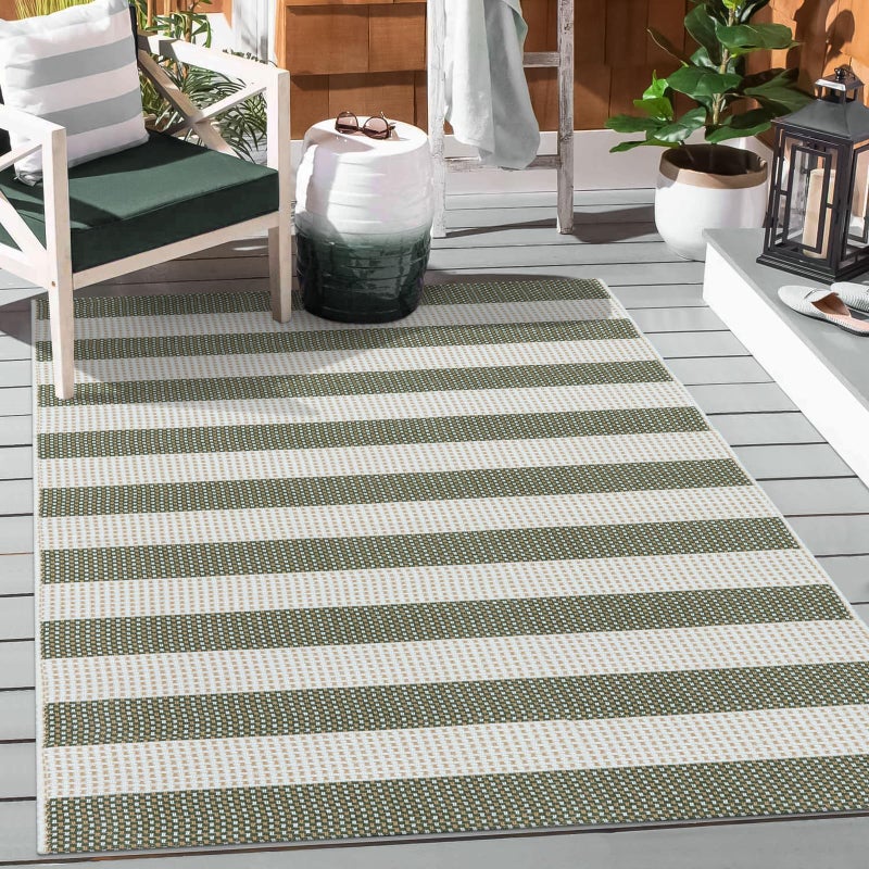 Sungea Striped Outdoor Rug 3x5, Boho Washable Front Porch Rug Cotton Hand Woven Outside Door Mats,Foldable Layered Doormat for Farmhouse/Entryway/Home Entrance(Green and White) - Image 1