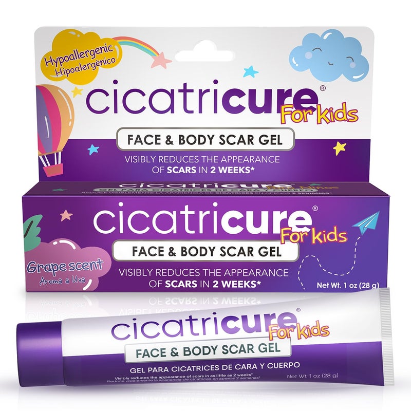 CICATRICURE Advanced Scar Gel for Kids, Proven Results in 2 Weeks, Helps to reduce Size, Color, and Texture of Scars, Scar Gel for Face and Body, Hypoallergenic Scar Cream, Grape Scent, 1 oz
