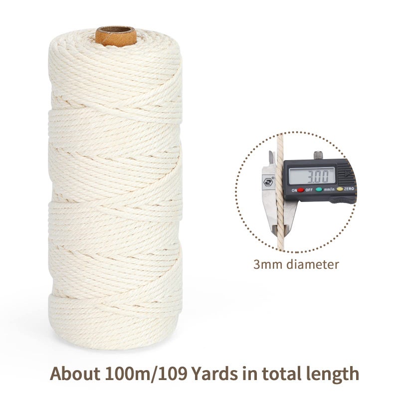 HOMEBOBO Natural Cotton Macrame Rope - 3mm x 109Yards (328Feet), 4 Strands Twisted Cotton Cord for Wall Hanging, Plant Hangers, Crafts, Gift Wrapping and Wedding Decorations, Beige - Image 3