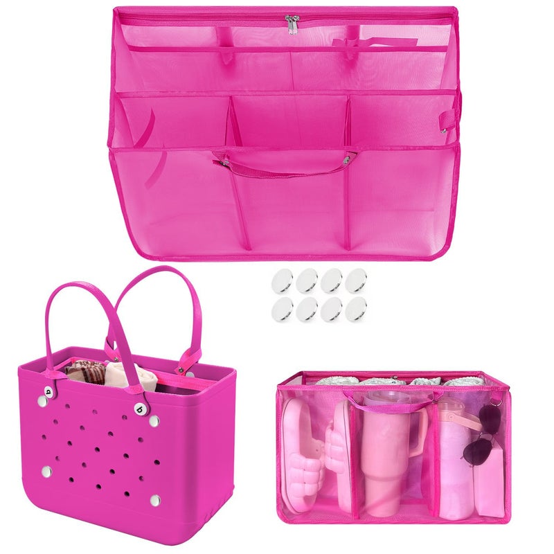XYFuuee Beach Bag Organizer Inserts for Original Large Bogg Bag Accessories with 8 Removable Metal Fasteners Lightweight Mesh Insert Divider Pouch Organizing Rubber Tote Save Space Hot Pink XL - Image 2