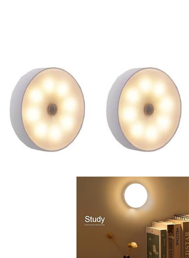 2 Pcs Motion Sensor Light 8 LEDs Rechargeable Night Light Intelligent Human Body Sensor Night Light with USB Cable Magnetic Patch Cordless Safe Wall Light for Kitchen Bookshelves Drawers Yellow White  - Image 1
