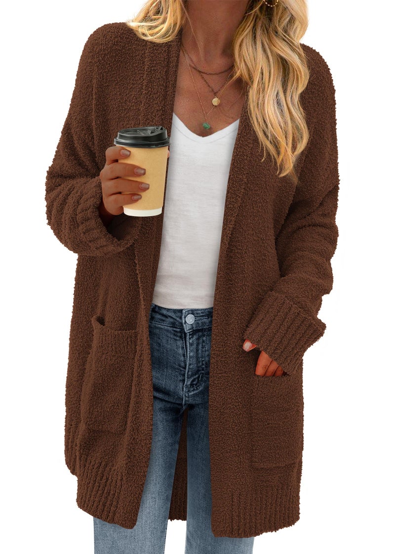 KIRUNDO Cardigan Sweaters for Women 2026 Fall Chunky Fuzzy Knit Open Front Loose Long Sleeve Sweater Coats Winter Clothing(Brown, XX-Large) - Image 1