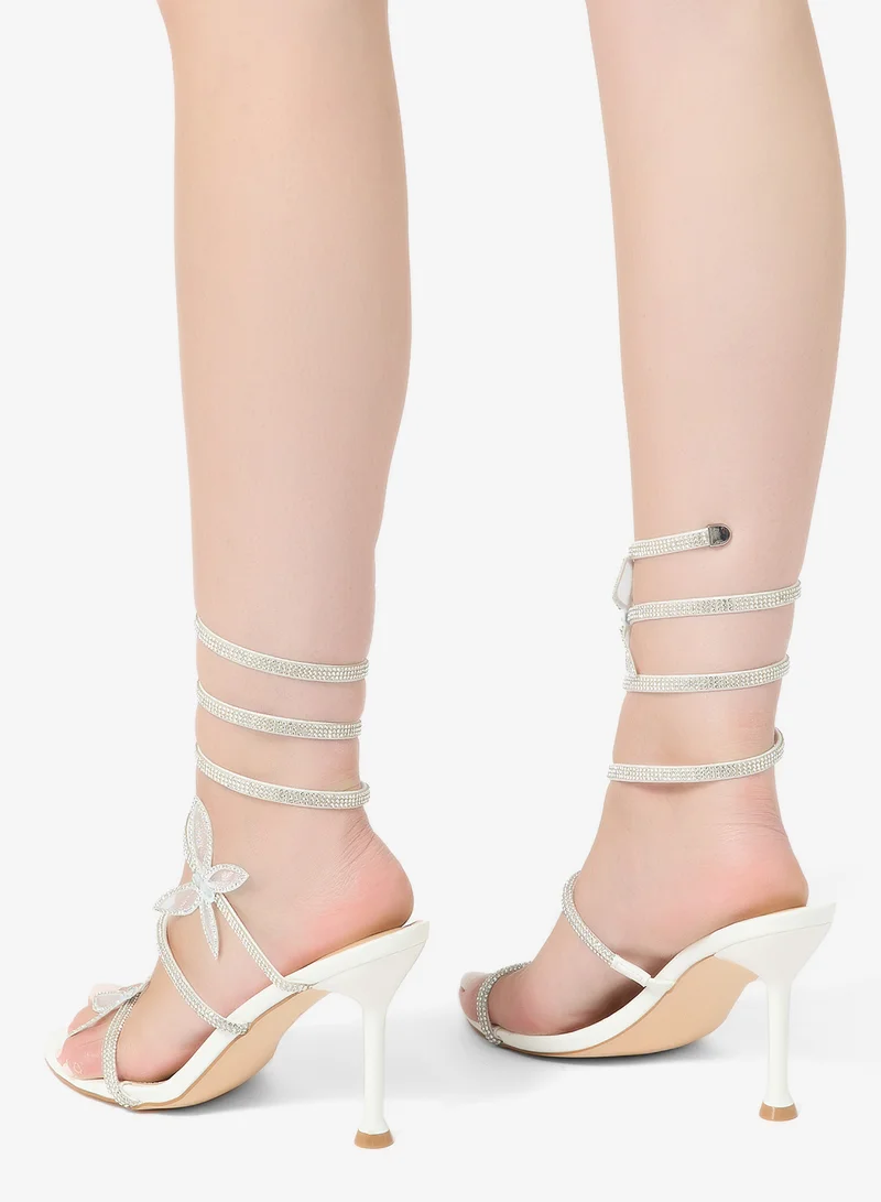 Truffle White pu Rhinestone Embellished Detailed Butterfly Statement High Heeled Sandals for Women | Best Price UAE