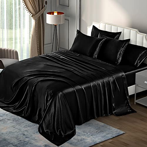 P Pothuiny 6 Pieces Queen Satin Sheets Luxury Silky Black Satin Bedding Sheet Set 1 Deep Pocket Fitted Sheet  1 Flat Sheet  4 Pillow Cases