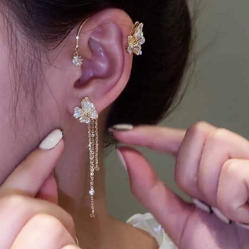 HTH Butterfly Ear Cuff Earrings Sparkly Silver Butterfly Flower Tassle Ear Wrap Earrings Fairy Right Left No Piercing Ear Clip On (Gold) - Image 3