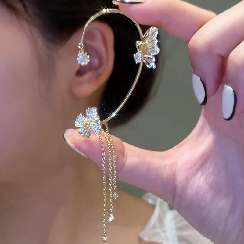 HTH Butterfly Ear Cuff Earrings Sparkly Silver Butterfly Flower Tassle Ear Wrap Earrings Fairy Right Left No Piercing Ear Clip On (Gold) - Image 2