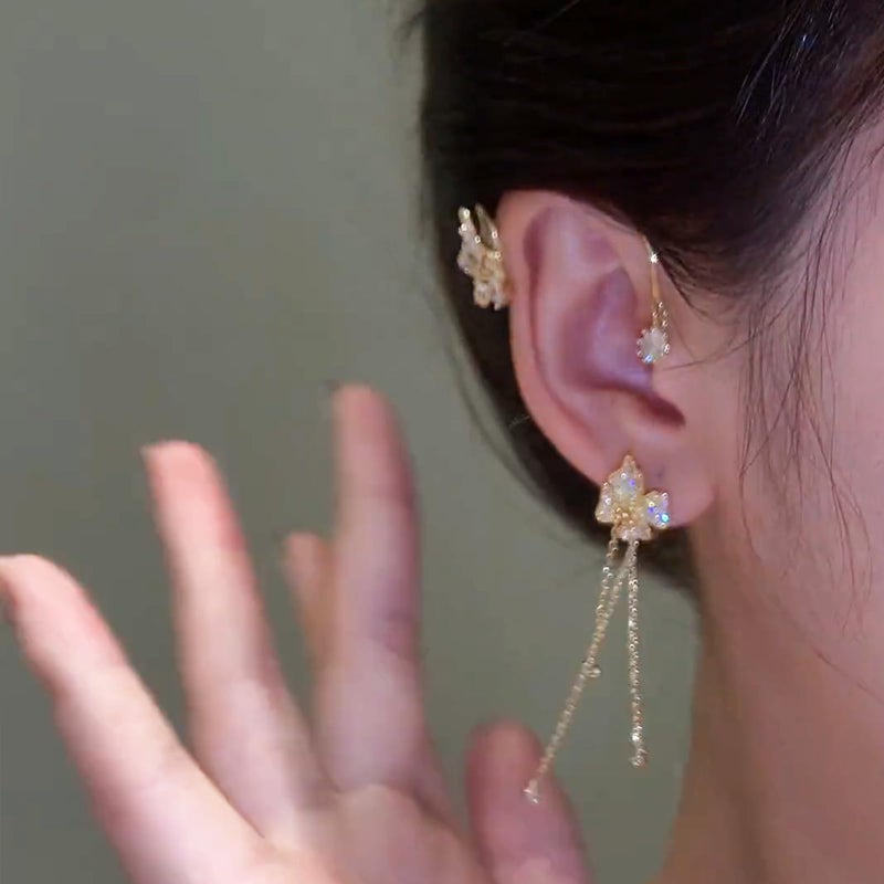 HTH Butterfly Ear Cuff Earrings Sparkly Silver Butterfly Flower Tassle Ear Wrap Earrings Fairy Right Left No Piercing Ear Clip On (Gold) - Image 4