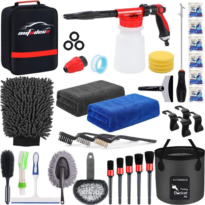 AUTODECO 35Pcs Car Wash Detailing Kit Cleaning Kits with Foam Gun Sprayer Collapsible Bucket Brush Large Wash Mitt Towels Complete Interior Exterior Car Washing Supply Set Black - Image 1