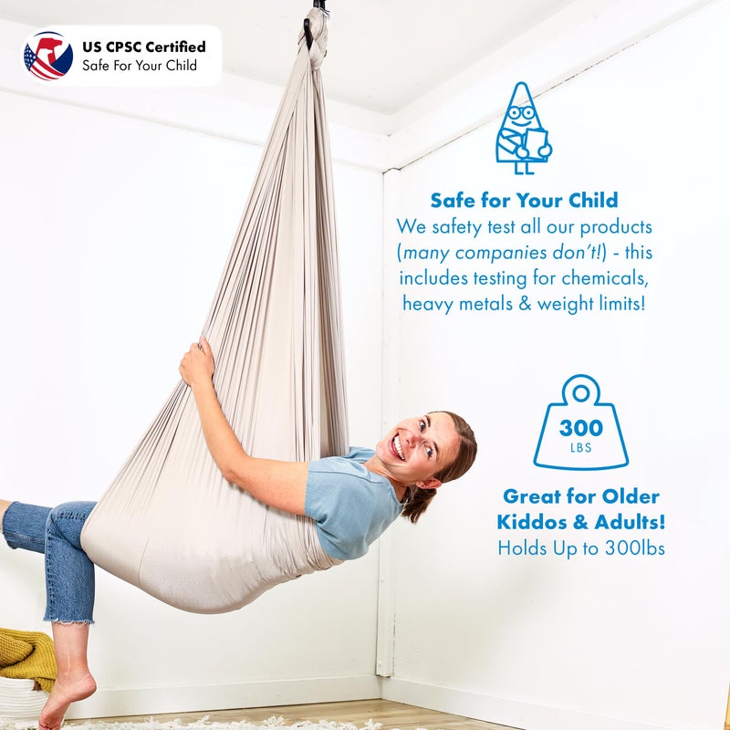 Harkla Sensory Swing for Kids & Adults - Holds 300lbs, Indoor Outdoor Sensory Swing for Hug Like Calming Effect - Durable Soft Stretch Fabric and Heavy Duty Hardware (Gray, 100" Swing + No Swivel) - Image 2