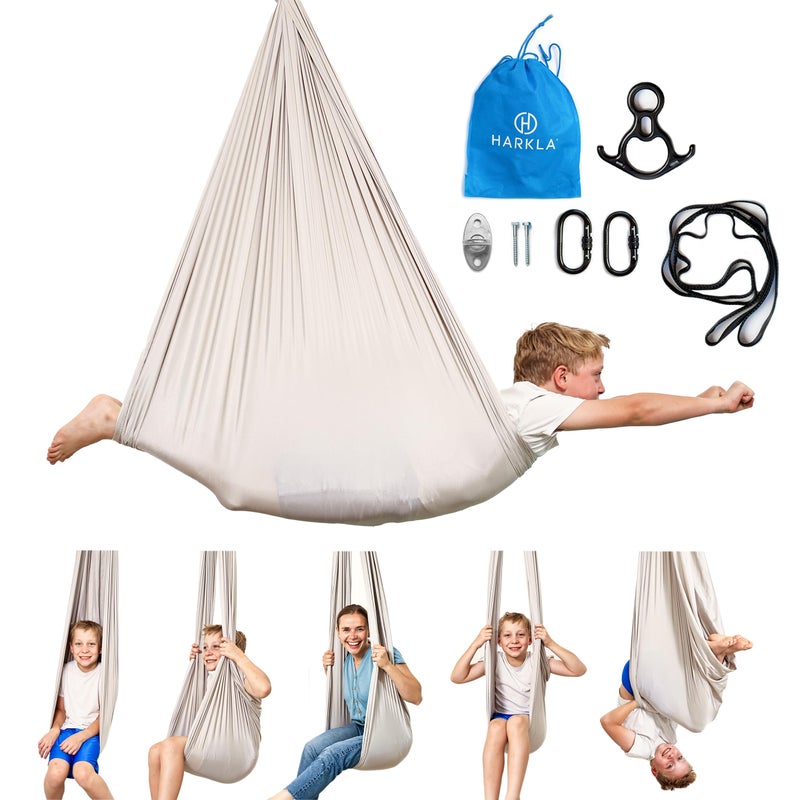 Harkla Sensory Swing for Kids & Adults - Holds 300lbs, Indoor Outdoor Sensory Swing for Hug Like Calming Effect - Durable Soft Stretch Fabric and Heavy Duty Hardware (Gray, 100" Swing + No Swivel) - Image 1