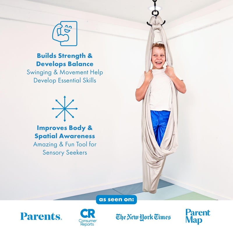Harkla Sensory Swing for Kids & Adults - Holds 300lbs, Indoor Outdoor Sensory Swing for Hug Like Calming Effect - Durable Soft Stretch Fabric and Heavy Duty Hardware (Gray, 100" Swing + No Swivel) - Image 5