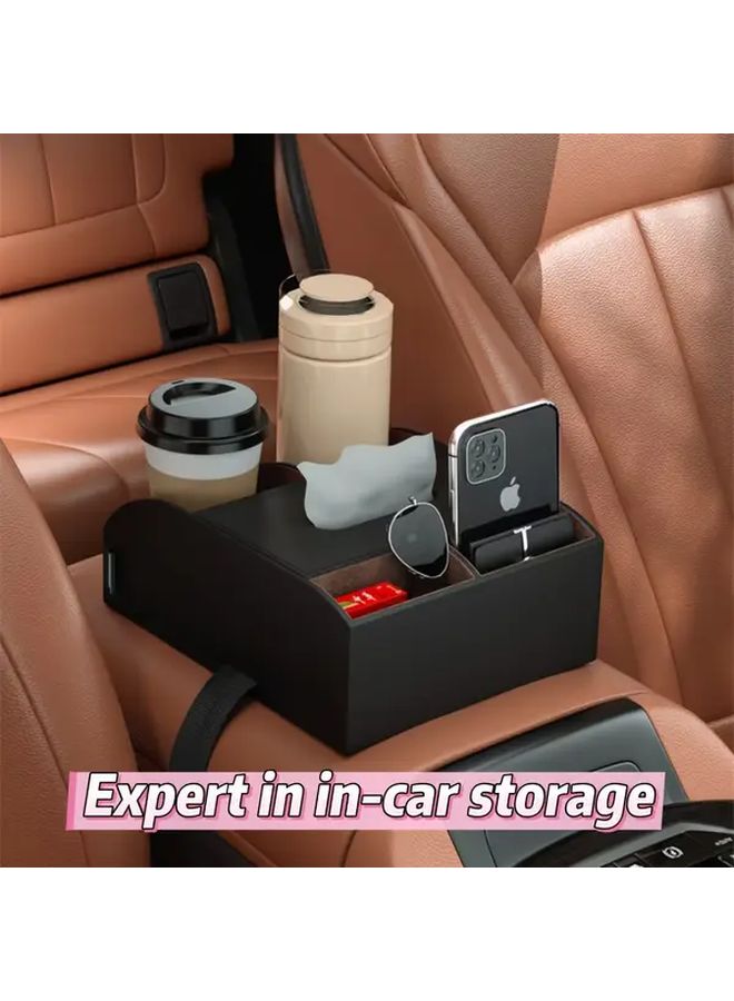 Black Car Armrest Storage Box Multi Functional Cup Holder Center Console Organizer - Image 1