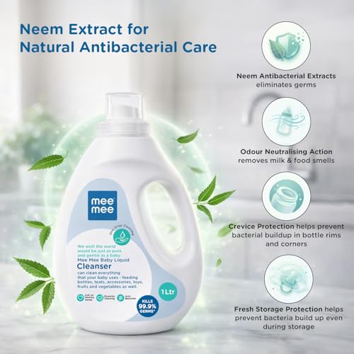 Mee Mee Liquid Cleanser 1000ML Anti-Bacterial Kills 99.9% Germs | Cleanser for Bottles, Nipples, Accessories, Toys, Fruits & Vegetables No Alcohol, One Drop Cleaning, Dermatologically Tested - Image 5