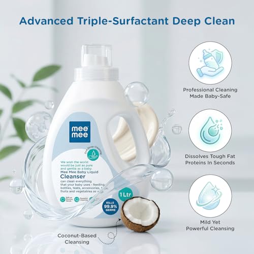 Mee Mee Liquid Cleanser 1000ML Anti-Bacterial Kills 99.9% Germs | Cleanser for Bottles, Nipples, Accessories, Toys, Fruits & Vegetables No Alcohol, One Drop Cleaning, Dermatologically Tested - Image 3