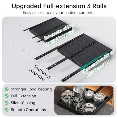 Clikuutory Pull out Cabinet Organizer, 1 pack, 16.5" Deep Heavy Slide out Drawers, Upgrade Three Triple-Slide Rail Systems, Expandable 12.8"-20.8" Roll out Shelf Storage for Kitchen Base Cabinet Organization - Image 2