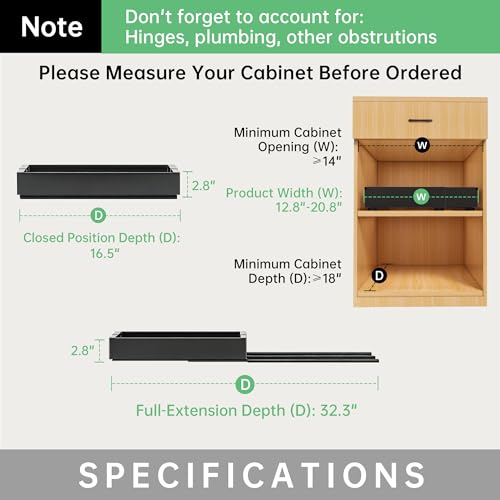 Clikuutory Pull out Cabinet Organizer, 1 pack, 16.5" Deep Heavy Slide out Drawers, Upgrade Three Triple-Slide Rail Systems, Expandable 12.8"-20.8" Roll out Shelf Storage for Kitchen Base Cabinet Organization - Image 3