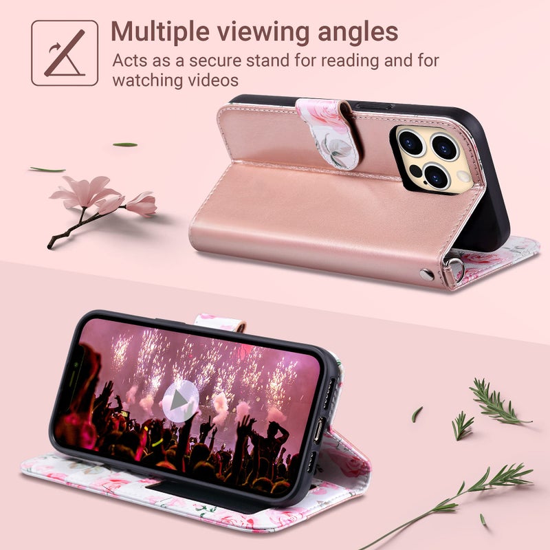 ULAK Compatible with iPhone 13 Pro Max Wallet Case for Women with Credit Card Holders, Flower Pattern Flip PU Leather Kickstand Shockproof Protective Phone Cover for iPhone 13 Pro Max 6.7'', Rose Gold - Image 2