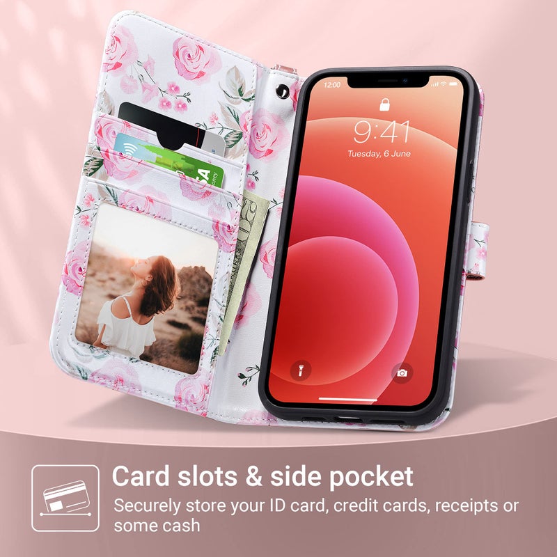 ULAK Compatible with iPhone 13 Pro Max Wallet Case for Women with Credit Card Holders, Flower Pattern Flip PU Leather Kickstand Shockproof Protective Phone Cover for iPhone 13 Pro Max 6.7'', Rose Gold - Image 3