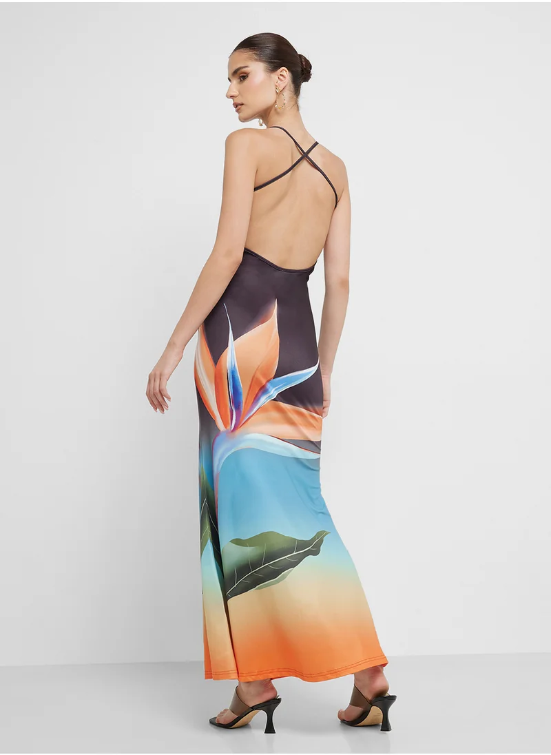 جينجر Strappy Floral Print Dress