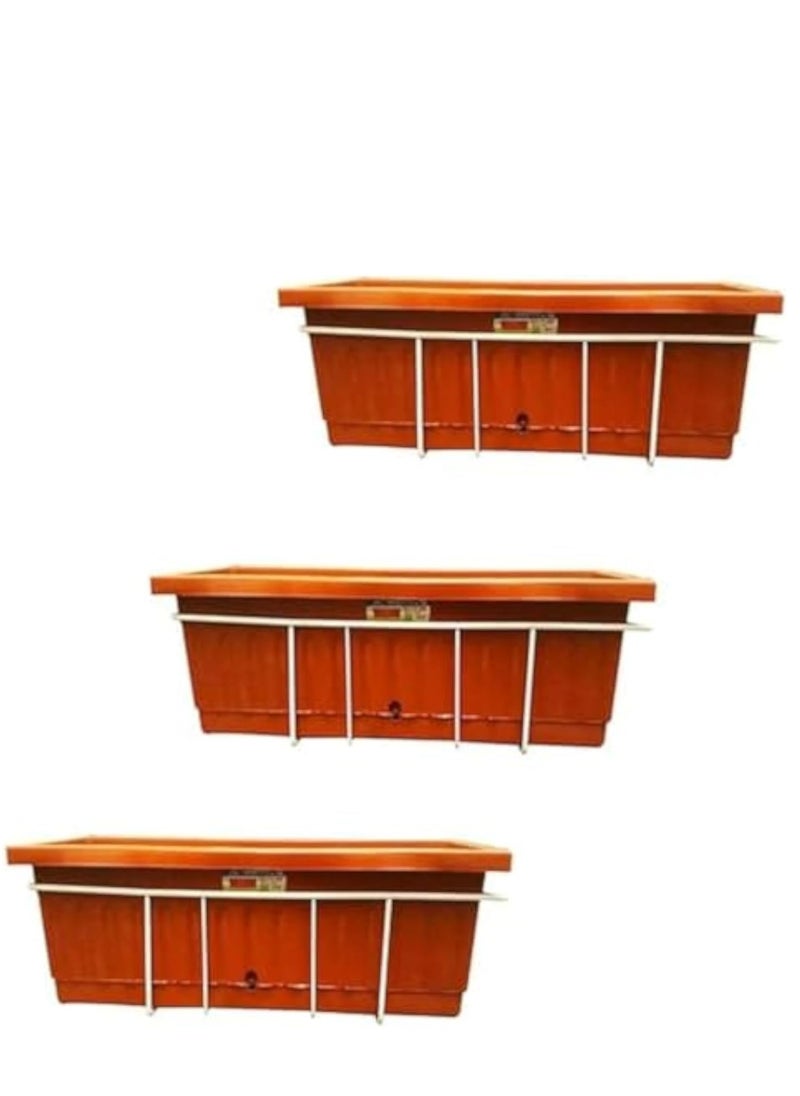 Generic - Khorshid Plastic Rectangular Planter Set - 3 pieces - Size 60 x 20 - Brick Color - With a white metal stand for hanging on the balcony - Image 1