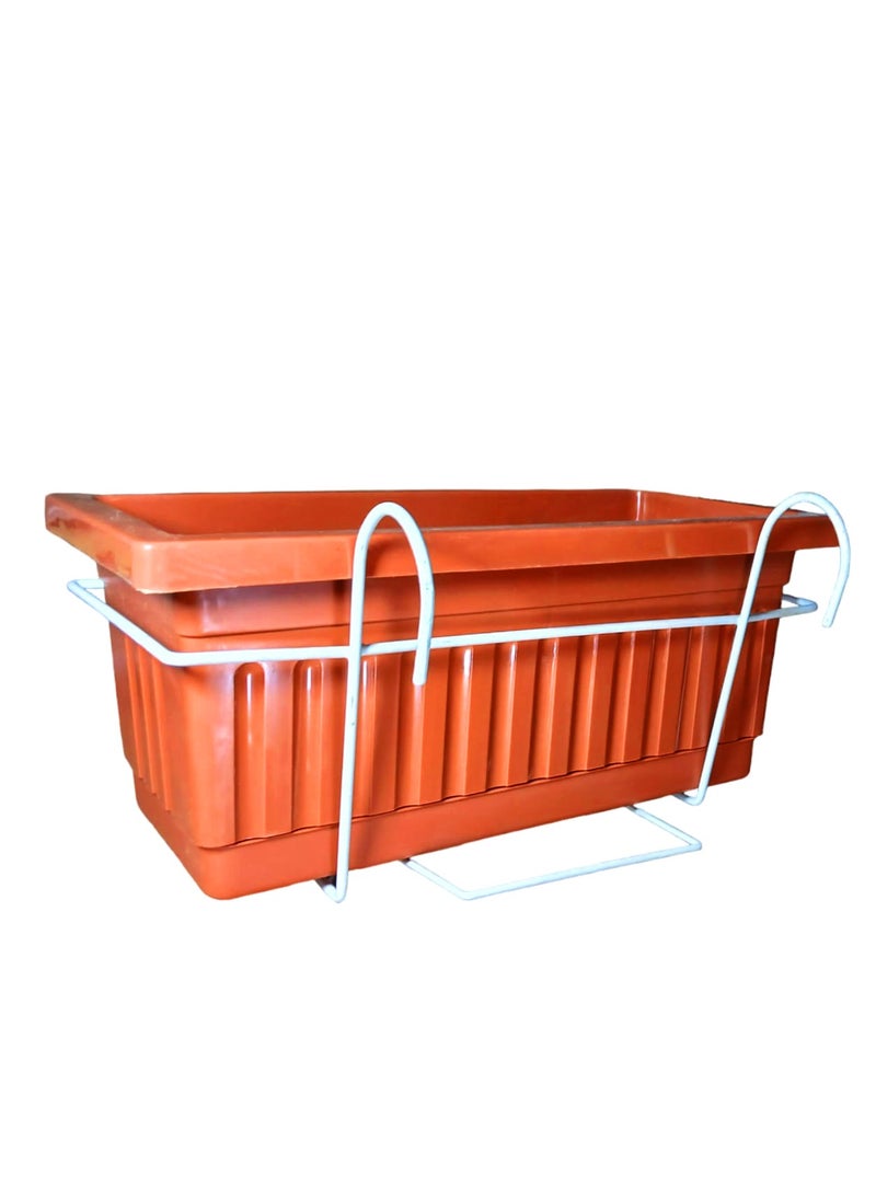 Generic - Khorshid Plastic Rectangular Planter Set - 3 pieces - Size 60 x 20 - Brick Color - With a white metal stand for hanging on the balcony - Image 1