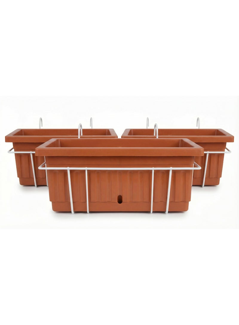 Khorshid 3 Rectangular Hanging Planters Set with Metal Stand for Balcony and Garden - Planting Pots for Flowers, Herbs, and Ornamental Plants - Set of 3 - Size 60*20 - Brick Color - With White Metal Stand for Balcony Hanging - Image 1