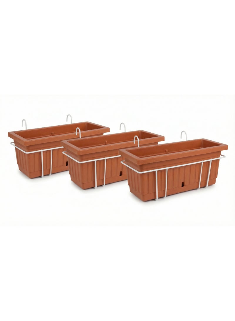 Khorshid 3 Rectangular Hanging Planters Set with Metal Stand for Balcony and Garden - Planting Pots for Flowers, Herbs, and Ornamental Plants - Set of 3 - Size 60*20 - Brick Color - With White Metal Stand for Balcony Hanging - Image 5
