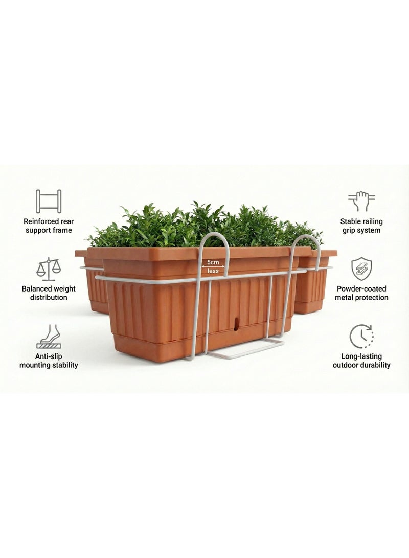 Khorshid 3 Rectangular Hanging Planters Set with Metal Stand for Balcony and Garden - Planting Pots for Flowers, Herbs, and Ornamental Plants - Set of 3 - Size 60*20 - Brick Color - With White Metal Stand for Balcony Hanging - Image 4