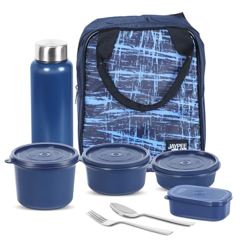 Jaypee Plus Pro Lunch 1390 ml Stainless Steel Office Lunch Box BPA Free, Microwave Safe & Spillproof Airtight 4 Containers with Bottle, Spoon, Fork & Insulated Bag Ideal for College & School, (Blue) - Image 1