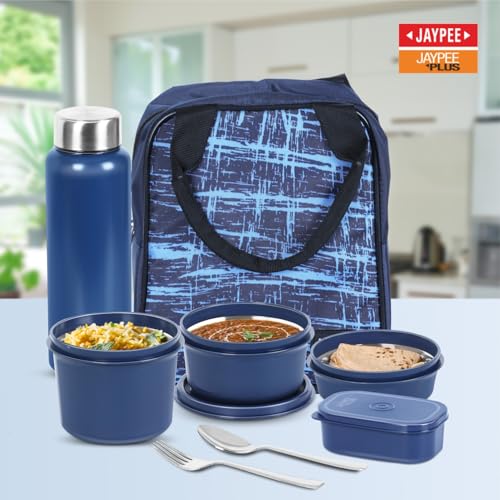 Jaypee Plus Pro Lunch 1390 ml Stainless Steel Office Lunch Box BPA Free, Microwave Safe & Spillproof Airtight 4 Containers with Bottle, Spoon, Fork & Insulated Bag Ideal for College & School, (Blue) - Image 2