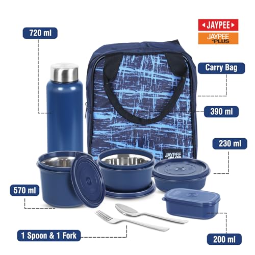 Jaypee Plus Pro Lunch 1390 ml Stainless Steel Office Lunch Box BPA Free, Microwave Safe & Spillproof Airtight 4 Containers with Bottle, Spoon, Fork & Insulated Bag Ideal for College & School, (Blue) - Image 5