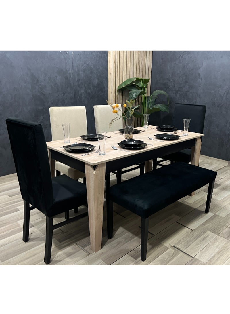 MDF dining table with 4 chairs and a bench with a luxurious touch - velvet upholstery available in multiple colors