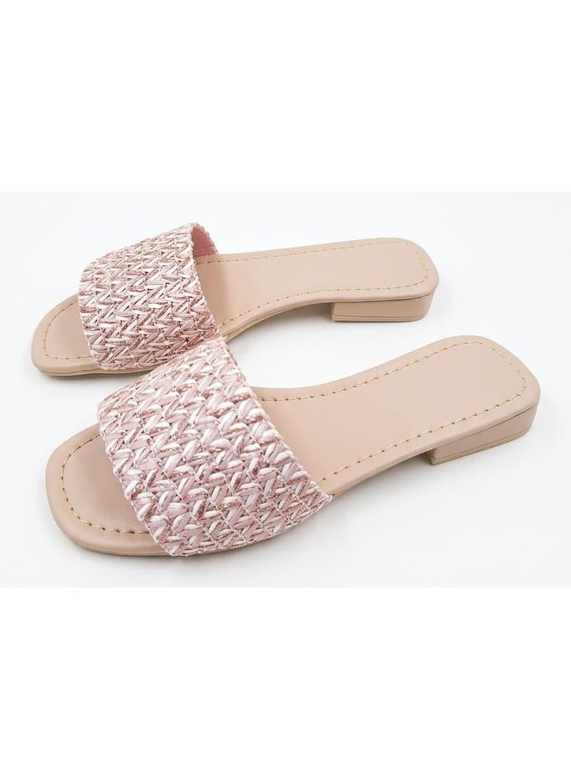 Karisma Flat Squared Toe Slippers With Simple Canvas Embroidered Upper Strap - Image 1