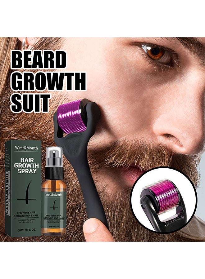 West&Month Hair Growth Spray - Beard Growth Spray Set for Men Nourishing Moisturizing Moustache Growth Enhancer Anti Hair Loss Care Serum with Beard Roller - Image 1