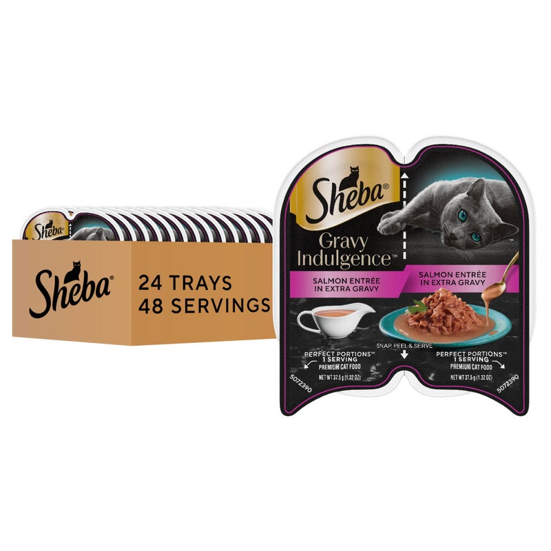 Sheba Gravy Indulgence Adult Wet Cat Food, Wet Food for Cats Salmon Entree in Extra Gravy, 2.6 oz. Twin-Pack Trays (24 Count, 48 Servings) - Image 1