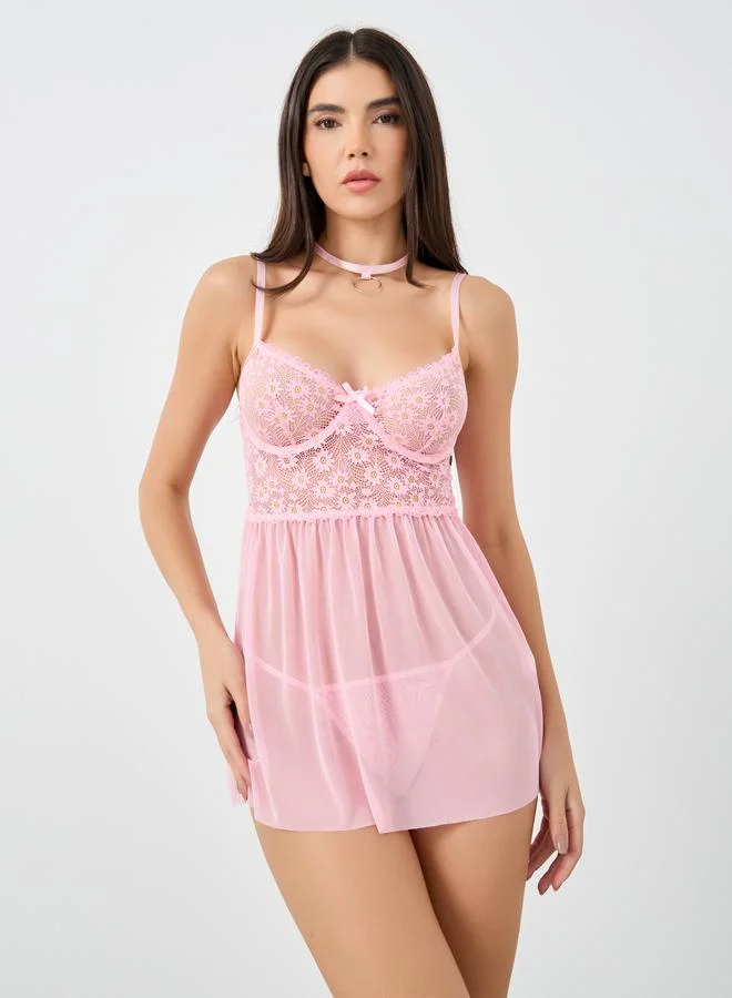 Take Two Take Two Women Solid Lace Wired Mesh Cami Dress with Thong and Necklace