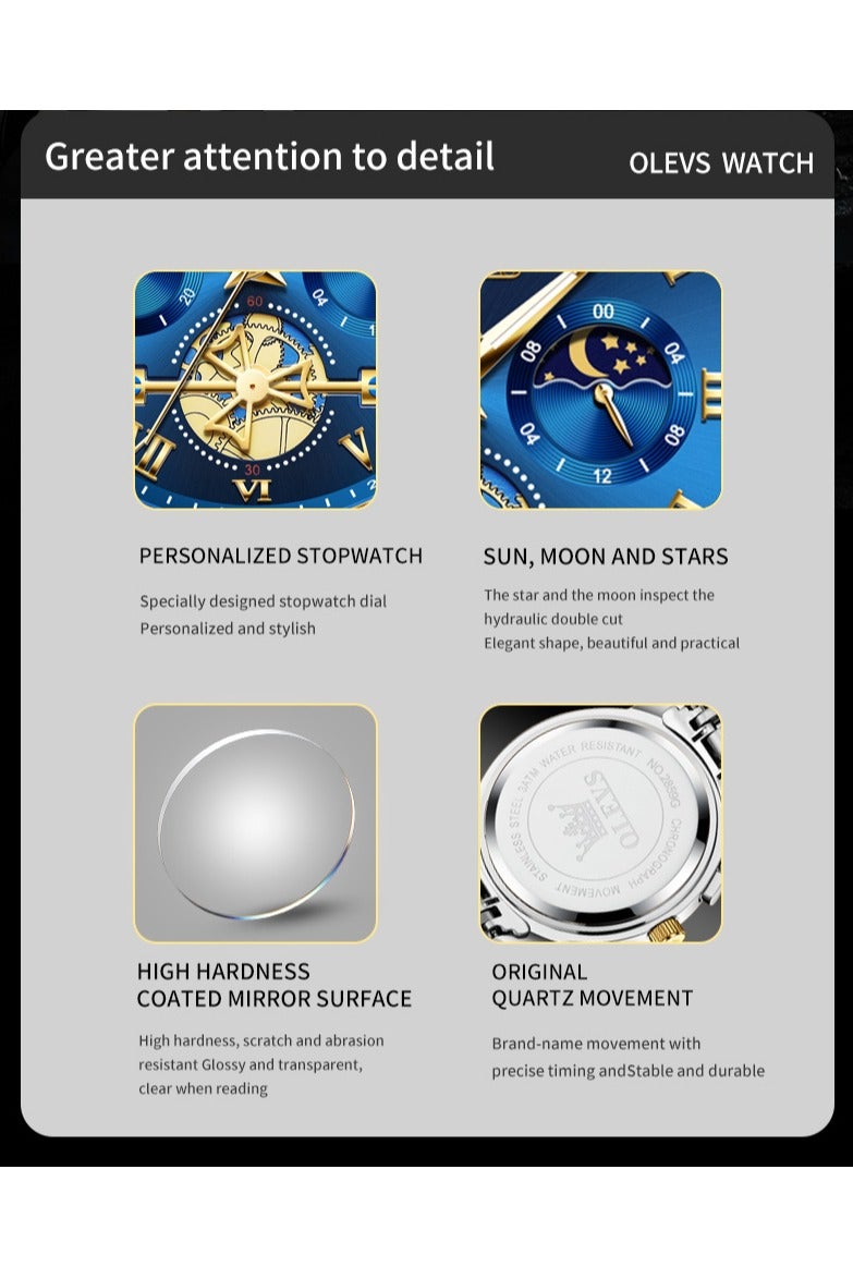 أوليفز ساعات OLEVS للرجال، ساعة أنيقة مقاومة للماء، كرونوغراف، كوارتز، من الفولاذ المقاوم للصدأ، مضيئة - Image 5