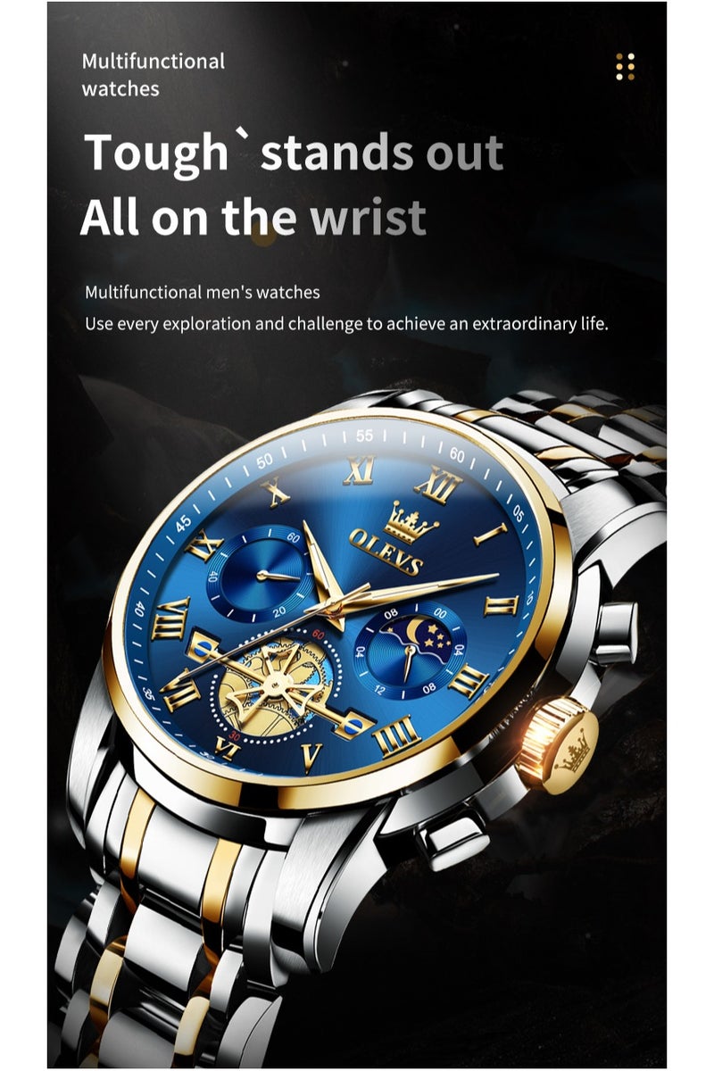 أوليفز ساعات OLEVS للرجال، ساعة أنيقة مقاومة للماء، كرونوغراف، كوارتز، من الفولاذ المقاوم للصدأ، مضيئة - Image 3