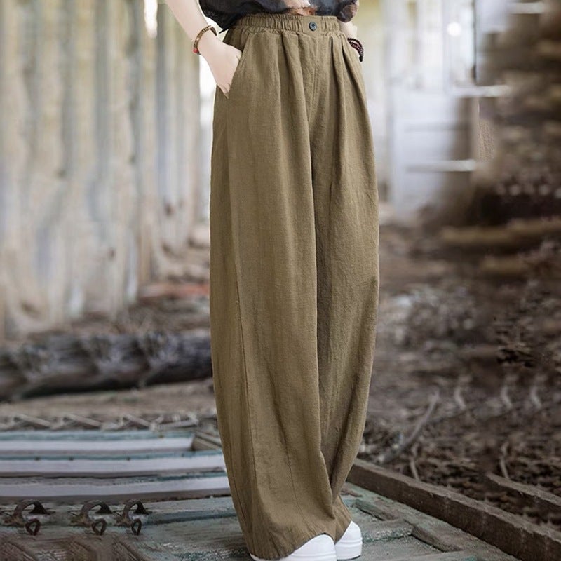 Solid Color Cotton And Linen Wide-Leg Casual Pants For Women Loose Age-Reducing Elastic Waist Retro Floor-Length Pants - Image 4