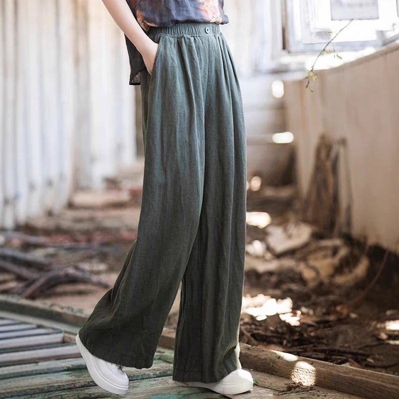 Solid Color Cotton And Linen Wide-Leg Casual Pants For Women Loose Age-Reducing Elastic Waist Retro Floor-Length Pants - Image 5