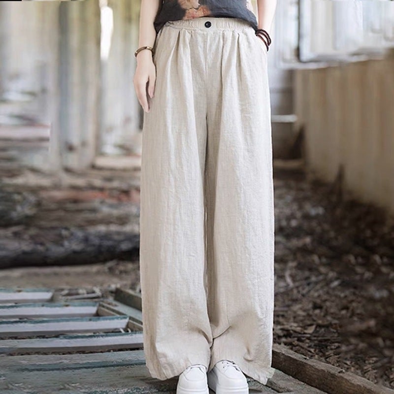 Solid Color Cotton And Linen Wide-Leg Casual Pants For Women Loose Age-Reducing Elastic Waist Retro Floor-Length Pants - Image 3