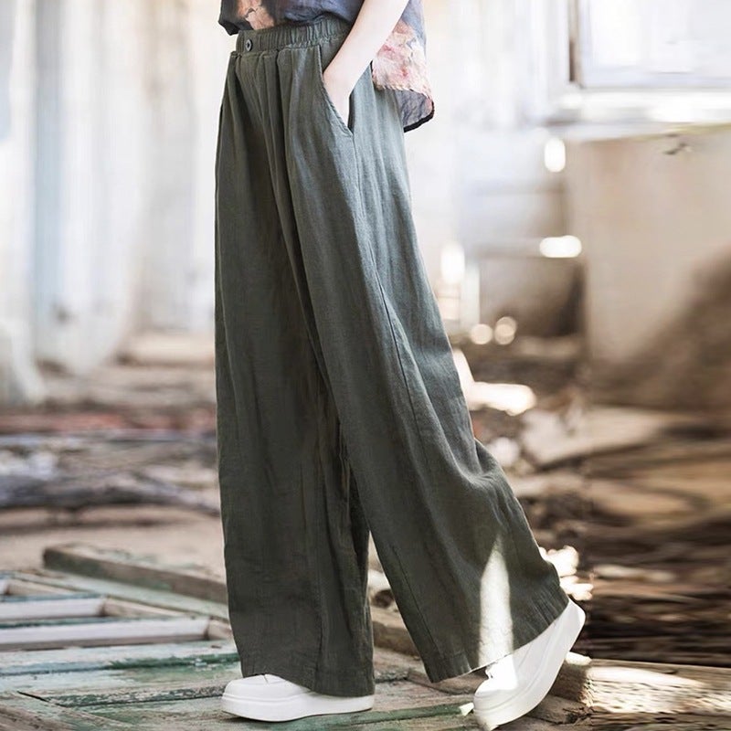 Solid Color Cotton And Linen Wide-Leg Casual Pants For Women Loose Age-Reducing Elastic Waist Retro Floor-Length Pants - Image 1