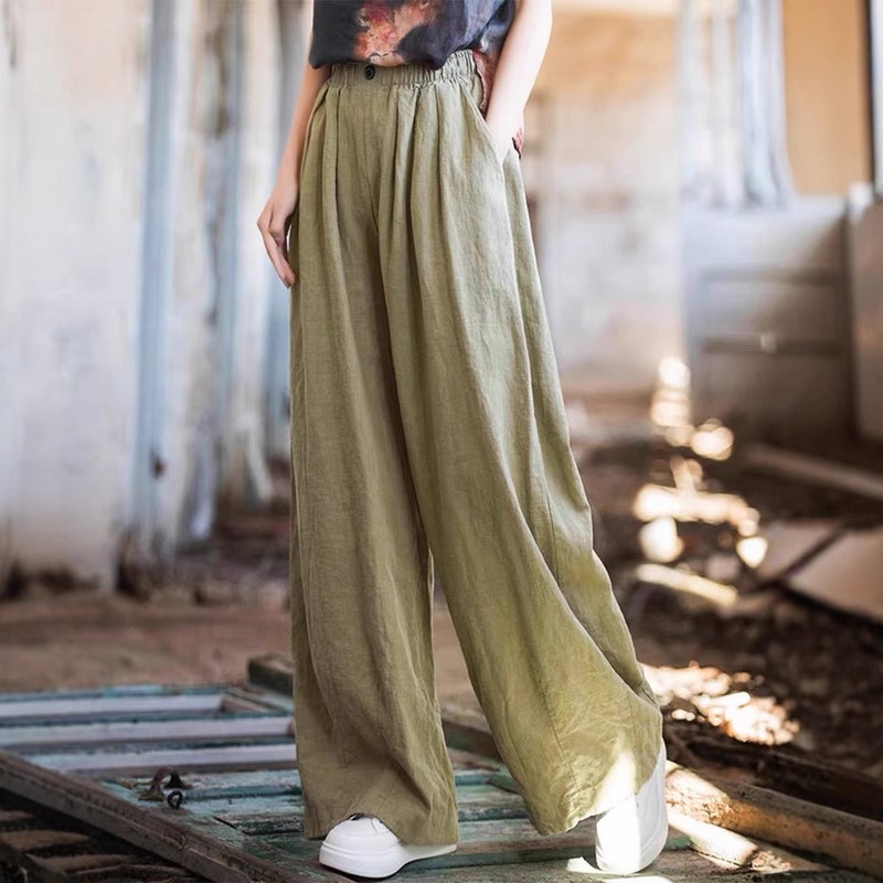 Solid Color Cotton And Linen Wide-Leg Casual Pants For Women Loose Age-Reducing Elastic Waist Retro Floor-Length Pants - Image 2