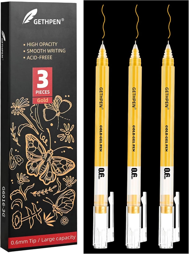 GETHPEN 3Pack,0.6mm Extra Fine Point, Gold Gel Pens for Artists, Gold Gel Pen, Gold Ink Pen, Gold Pens for Black Paper, Gold Drawing Pens,Gold Pen for Artists Drawing - Image 1