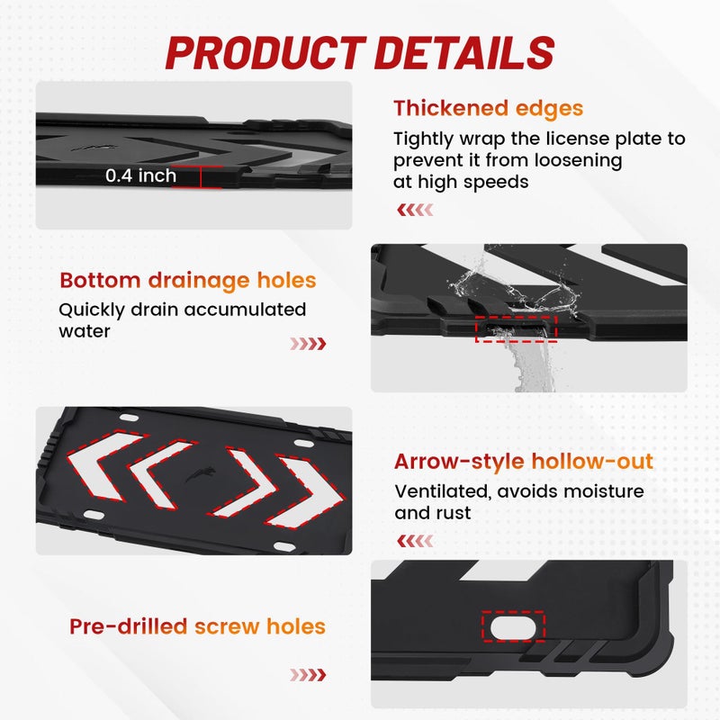 RED WOLF Silicone License Plate Frame, Rattle & Rust Proof Rubber License Plate Holder Without Obstruction, Universal Front Rear Car Tag Frame Hollow Out Design with 3 Drainage Holes, Black - Image 2