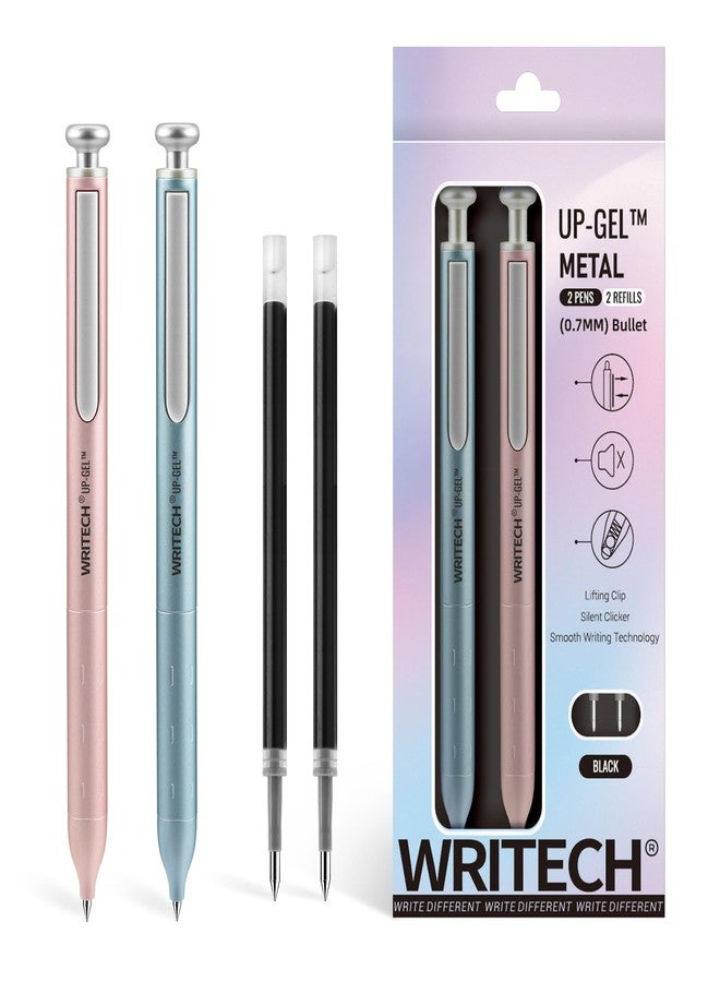 WRITECH Gel Pens Fine Point: Premium Metal Barrel Retractable 0.7mm Black Ink Pen 2ct with 2 Refills No Smear & Bleed Quick Dry Smooth Writing Silent Click Luxury Up-Gel - Image 1
