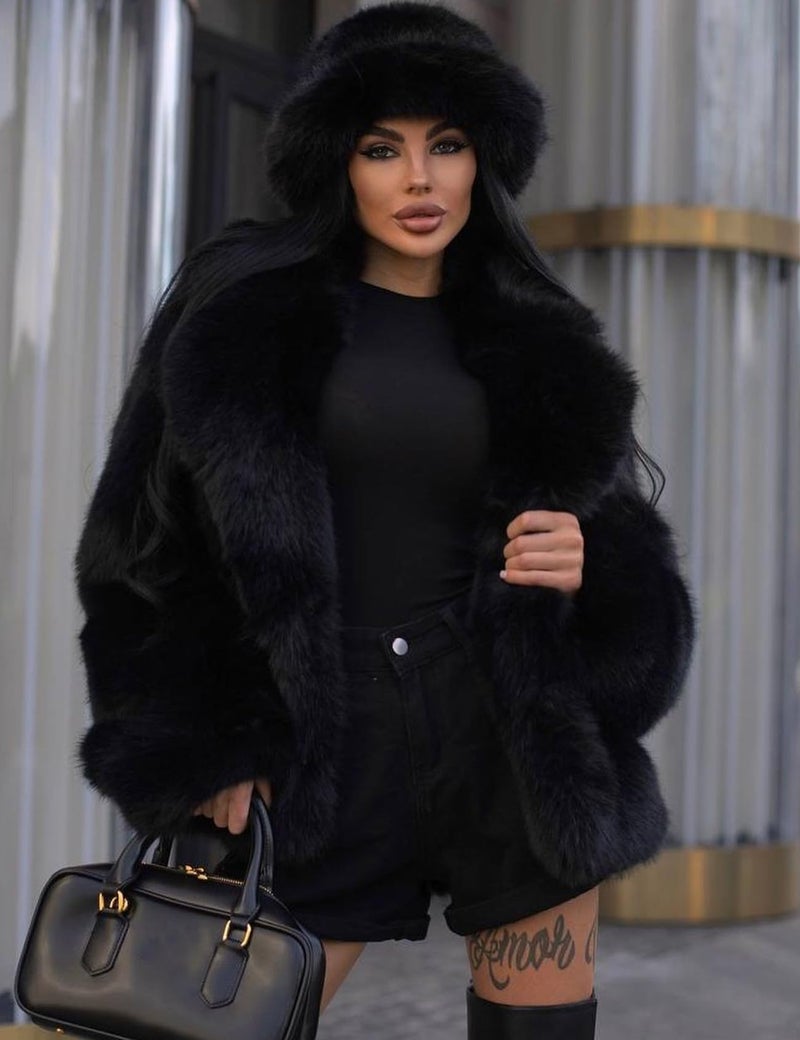 Flygo Women's Faux Fur Coat Fluffy Faux Fur Jacket Long Sleeve Lapel Furry Winter Jackets Shaggy Parka Short Coat(Black-L) - Image 2