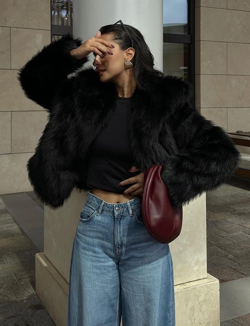 Flygo Women's Faux Fur Coat Fluffy Faux Fur Jacket Long Sleeve Lapel Furry Winter Jackets Shaggy Parka Short Coat(Black-L) - Image 4
