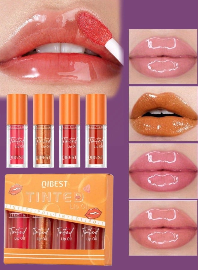 QiBest 4 Colors Tinted Lip Oil Moisturizing Hydrating Lip Glow Oil Big Brush Head Moisturizing Lip Gloss Shiny Transparent Lip Gloss Plumping Clear Tint Shiny and Vegan Moisturizing Lip Plumper 02 - Image 1